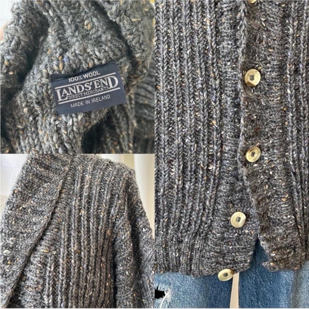 VTG 1990s Lands’ End 100% Wool Chunky Ribbed Knit Grey Speckled Grandpa Sweater - Picture 6 of 8